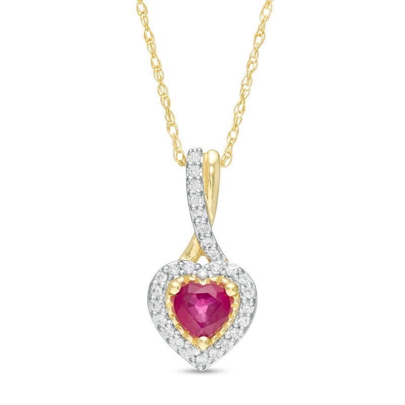 Main Image 1 of 4.0mm Heart-Shaped Ruby and 1/15 CT. T.W. Diamond Frame Drop Pendant in 10K Gold