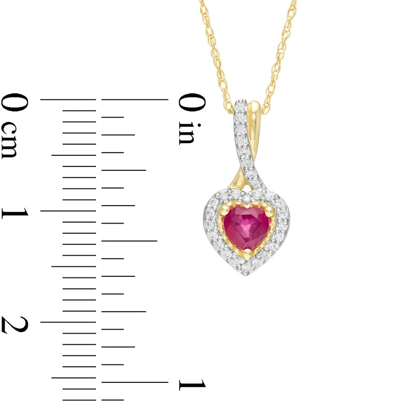 Main Image 3 of 4.0mm Heart-Shaped Ruby and 1/15 CT. T.W. Diamond Frame Drop Pendant in 10K Gold