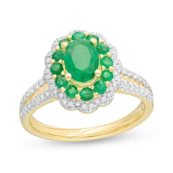 Oval Emerald and 1/4 CT. T.W. Diamond Scallop Frame Split Shank Ring in 10K Gold Oval Emerald and 1/4 CT. T.W. Diamond Scallop Frame Split Shank Ring in 10K Gold