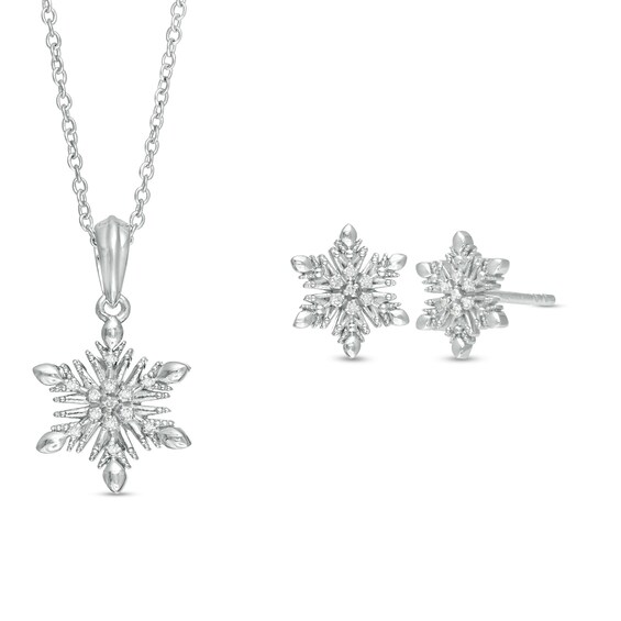 Child's Disney Twinkle 1/20 CT. T.w. Diamond Snowflake Pendant and Stud Earrings Set in Sterling Silver