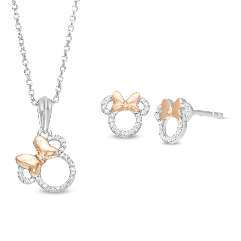 Child's Disney Twinkle Minnie Mouse 1/10 CT. T.W. Diamond Pendant and Stud Earrings Set in Two-Tone Sterling Silver