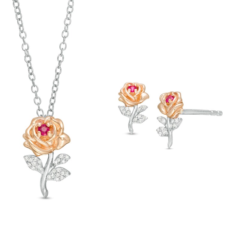 Main Image 1 of Child's Disney Twinkle Belle Ruby and 1/20 CT. T.W. Diamond Rose Pendant and Stud Earrings in Two-Tone Sterling Silver