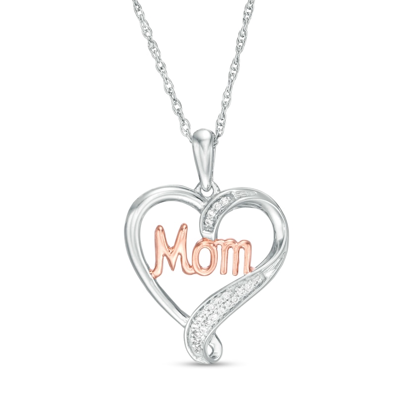 Main Image 1 of 1/20 CT. T.W. Diamond and Cursive "Mom" Loop Heart Pendant in Sterling Silver and 10K Rose Gold