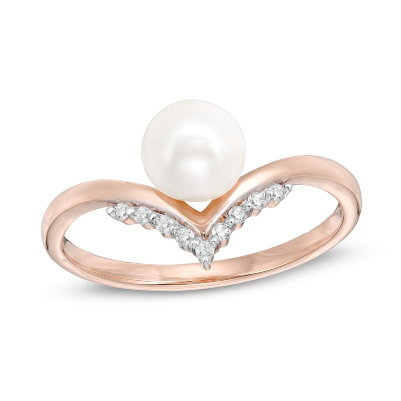 6.0mm Cultured Freshwater Pearl and 1/20 CT. T.W. Diamond Chevron Ring in 10K Rose Gold