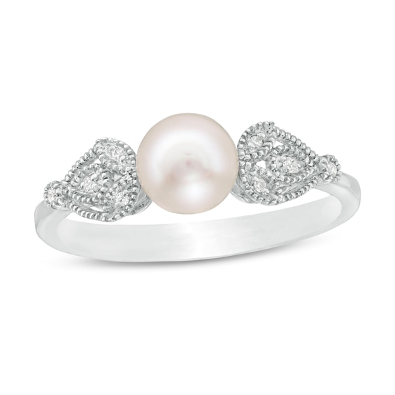 6.0mm Cultured Freshwater Pearl and Diamond Accent Vintage-Style Teardrop Petals Ring in Sterling Silver 6.0mm Cultured Freshwater Pearl and Diamond Accent Vintage-Style Teardrop Petals Ring in Sterling Silver
