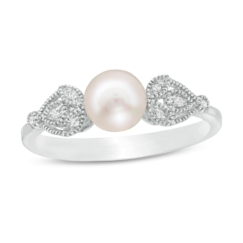 6.0mm Cultured Freshwater Pearl and Diamond Accent Vintage-Style Teardrop Petals Ring in Sterling Silver