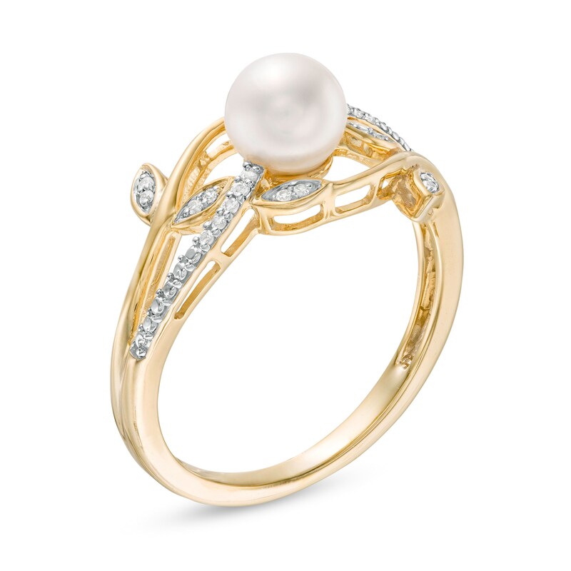 6.0mm Cultured Freshwater Pearl and 1/20 CT. T.W. Diamond Vines Ring in 10K Gold