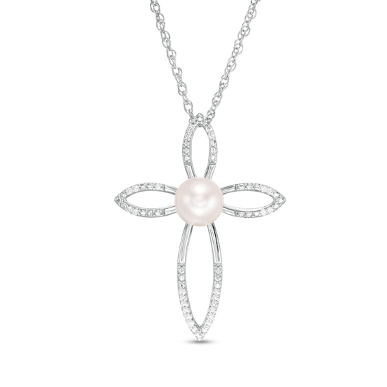 6.0mm Cultured Freshwater Pearl and 1/20 CT. T.W. Diamond Cross Pendant in Sterling Silver 6.0mm Cultured Freshwater Pearl and 1/20 CT. T.W. Diamond Cross Pendant in Sterling Silver