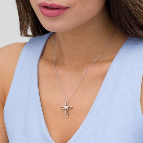 6.0mm Cultured Freshwater Pearl and 1/20 CT. T.W. Diamond Cross Pendant in Sterling Silver 6.0mm Cultured Freshwater Pearl and 1/20 CT. T.W. Diamond Cross Pendant in Sterling Silver