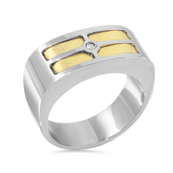 Men's Diamond Accent Quad Basket Weave Inlay Band in Stainless Steel and 18K Gold - Size 10