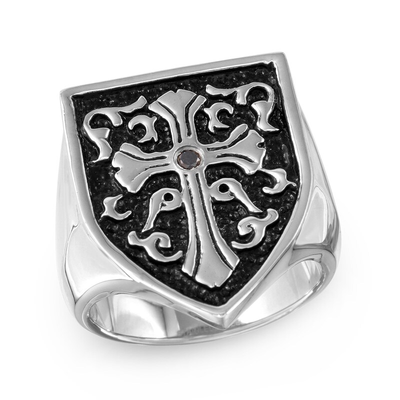 Men's 1/20 CT. Black Diamond Antique-Finish Gothic-Style Cross Shield Ring in Two-Tone Stainless Steel - Size 10