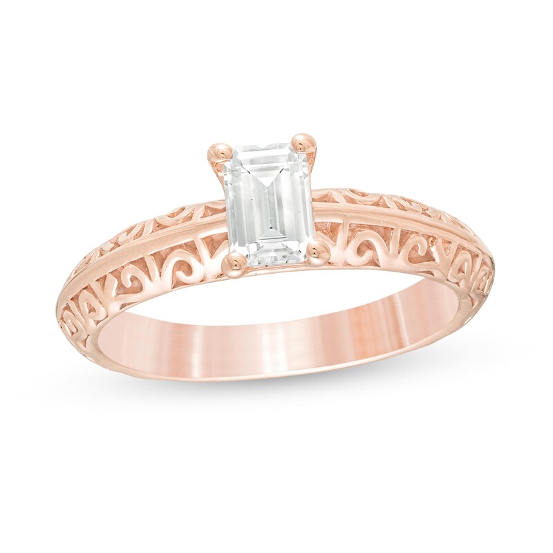 Main Image 1 of 3/4 CT. Certified Emerald-Cut Diamond Solitaire Filigree Engagement Ring in 14K Rose Gold (I/SI2)