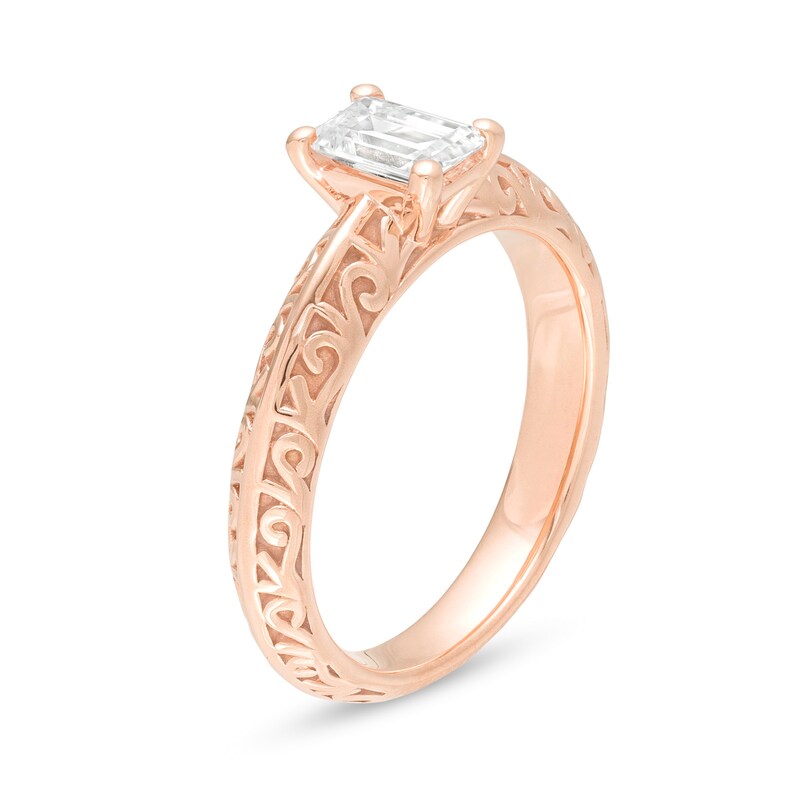 Main Image 3 of 3/4 CT. Certified Emerald-Cut Diamond Solitaire Filigree Engagement Ring in 14K Rose Gold (I/SI2)