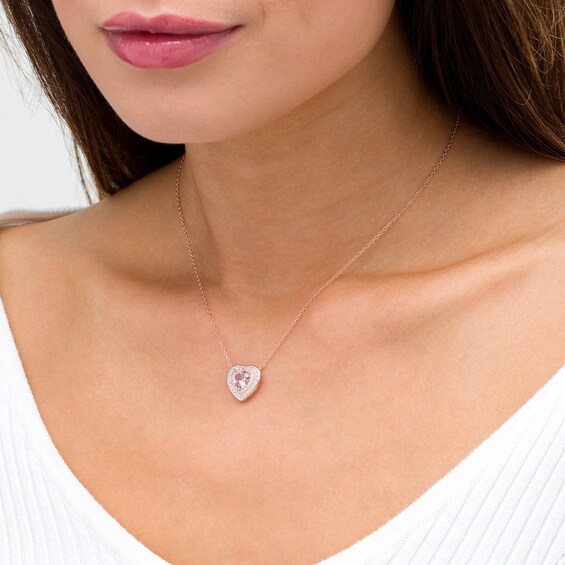 7.0mm Heart-Shaped Lab-Created Morganite and White Sapphire Pendant in Sterling Silver with 18K Rose Gold Plate