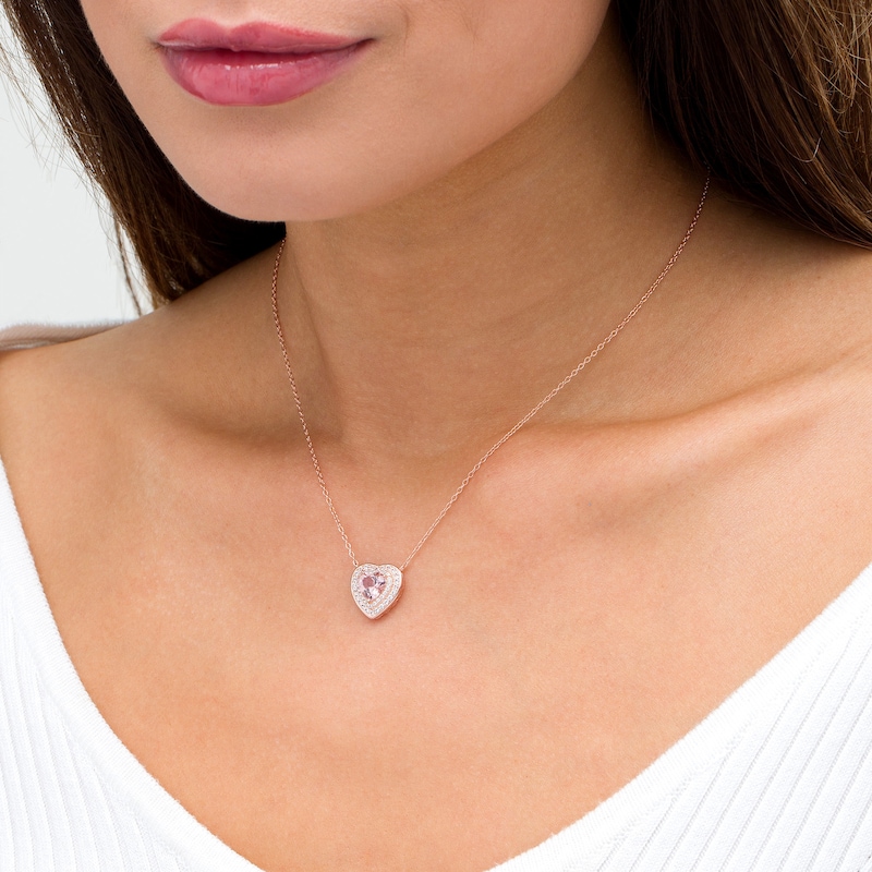 Main Image 2 of 7.0mm Heart-Shaped Lab-Created Morganite and White Sapphire Pendant in Sterling Silver with 18K Rose Gold Plate