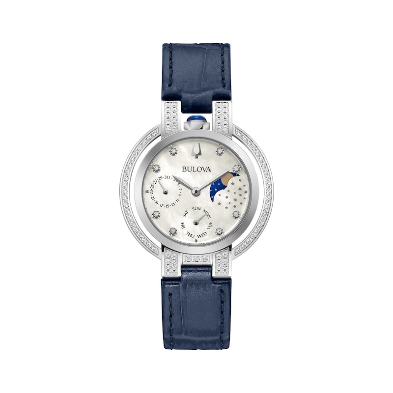 Ladies' Bulova Rubaiyat 1/3 CT. T.W. Diamond Moon Phase Strap Watch with Mother-of-Pearl Dial (Model: 96R237)