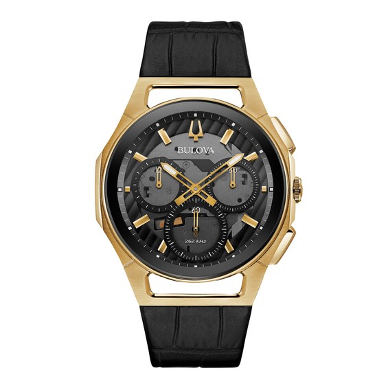 Men's Bulova Curv Chronograph Gold-Tone Strap Watch with Black Skeleton Dial (Model: 97A143) Men's Bulova Curv Chronograph Gold-Tone Strap Watch with Black Skeleton Dial (Model: 97A143)