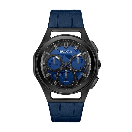 Men's Bulova Curv Chronograph Black IP Strap with Blue Skeleton Dial (Model: 98A232) Men's Bulova Curv Chronograph Black IP Strap with Blue Skeleton Dial (Model: 98A232)