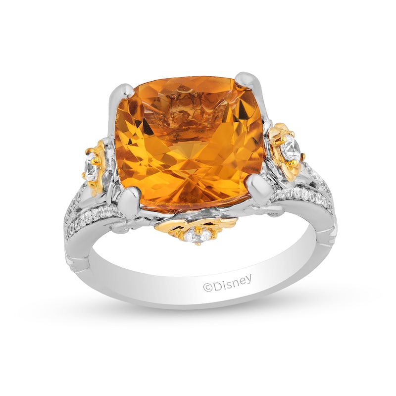 Main Image 1 of Enchanted Disney Belle Cushion-Cut Citrine and 3/8 CT. T.W. Diamond Split Shank Ring in 10K Two-Tone Gold