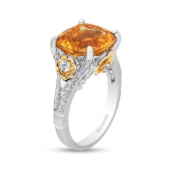 Enchanted Disney Belle Cushion-Cut Citrine and 3/8 CT. T.w. Diamond Split Shank Ring in 10K Two-Tone Gold