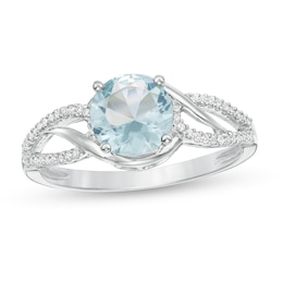 7.0mm Simulated Aquamarine and 0.147 CT. T.W. Diamond Bypass Frame Loop Shank Ring in Sterling Silver