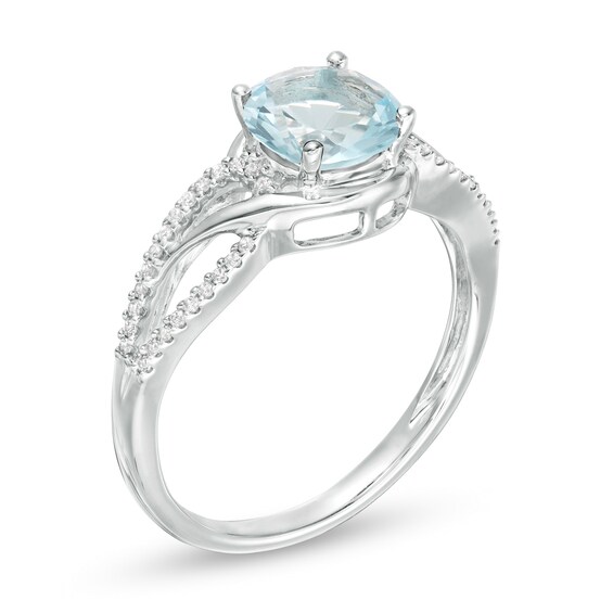 7.0mm Simulated Aquamarine and 0.147 CT. T.W. Diamond Bypass Frame Loop Shank Ring in Sterlin 7.0mm Simulated Aquamarine and 0.147 CT. T.W. Diamond Bypass Frame Loop Shank Ring in Sterling Silver