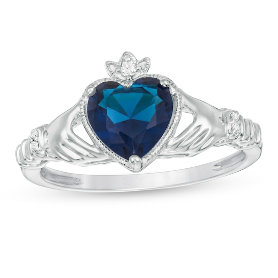 7.0mm Heart-Shaped Lab-Created Blue Sapphire and Diamond Accent Claddagh Ring in Sterling Silver