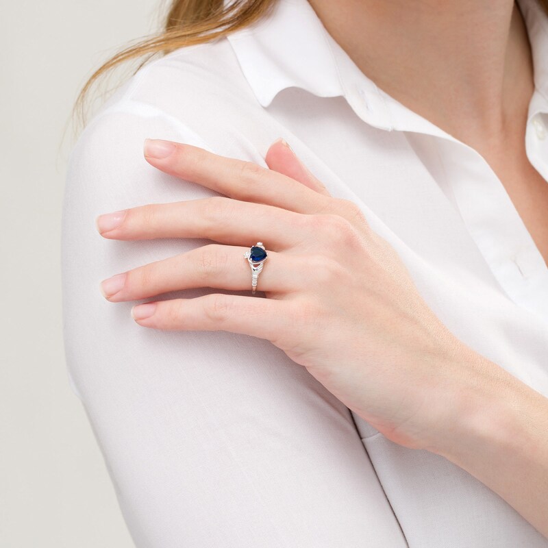 Main Image 2 of 7.0mm Heart-Shaped Lab-Created Blue Sapphire and Diamond Accent Claddagh Ring in Sterling Silver