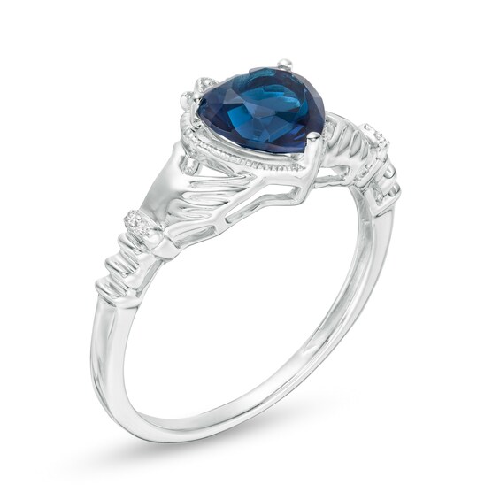 7.0mm Heart-Shaped Lab-Created Blue Sapphire and Diamond Accent Claddagh Ring in Sterling Silver