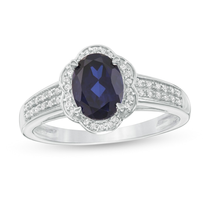 Main Image 1 of Oval Lab-Created Blue Sapphire and 1/6 CT. T.W. Diamond Flower Frame Double Row Ring in 10K White Gold