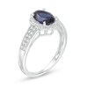 Thumbnail Image 3 of Oval Lab-Created Blue Sapphire and 1/6 CT. T.W. Diamond Flower Frame Double Row Ring in 10K White Gold