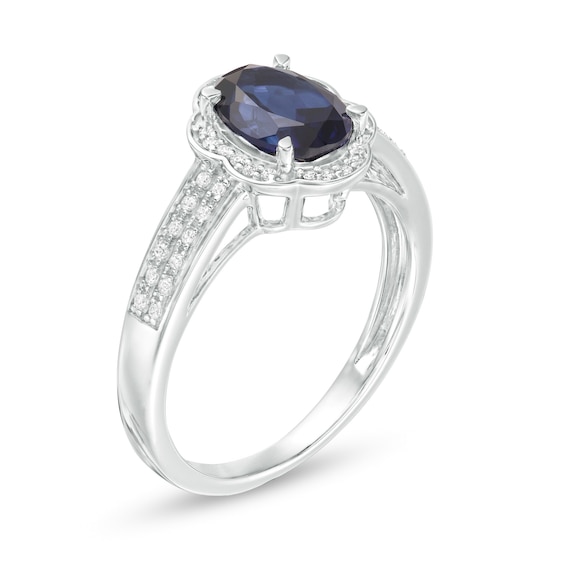 Oval Lab-Created Blue Sapphire and 1/6 CT. T.w. Diamond Flower Frame Double Row Ring in 10K White Gold