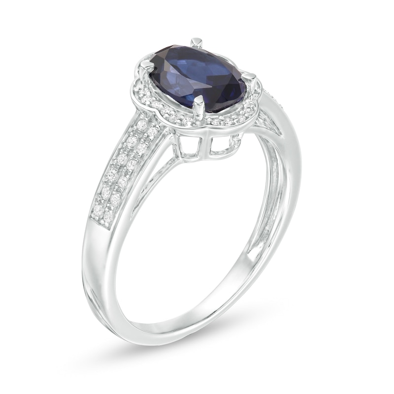 Oval Lab-Created Blue Sapphire and 1/6 CT. T.W. Diamond Flower Frame Double Row Ring in 10K White Gold