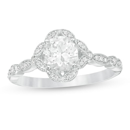 6.0mm Lab-Created White Sapphire and 1/8 CT. T.W. Diamond Art Deco Vintage-Style Ring in 10K White Gold