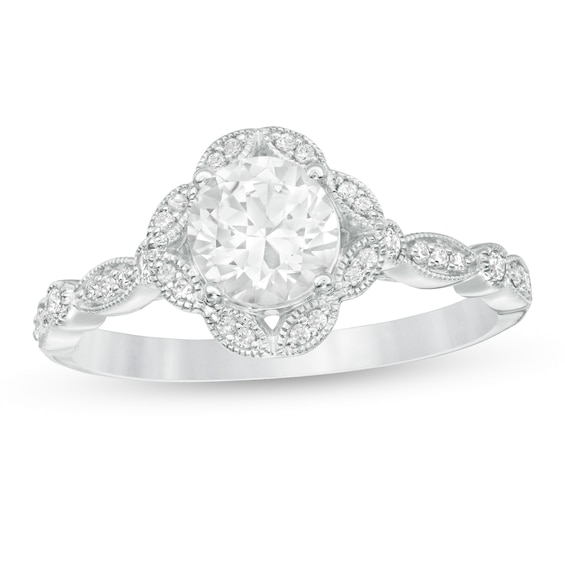 6.0mm Lab-Created White Sapphire and 1/8 CT. T.w. Diamond Art Deco Vintage-Style Ring in 10K White Gold