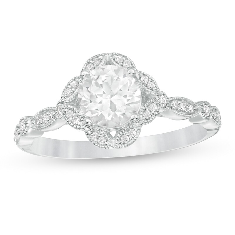 Main Image 1 of 6.0mm Lab-Created White Sapphire and 1/8 CT. T.W. Diamond Art Deco Vintage-Style Ring in 10K White Gold