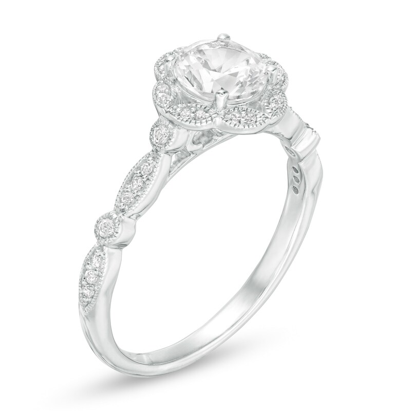 Main Image 3 of 6.0mm Lab-Created White Sapphire and 1/8 CT. T.W. Diamond Art Deco Vintage-Style Ring in 10K White Gold