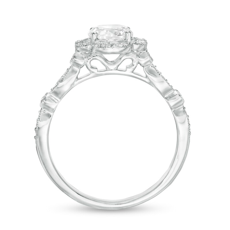 Main Image 4 of 6.0mm Lab-Created White Sapphire and 1/8 CT. T.W. Diamond Art Deco Vintage-Style Ring in 10K White Gold
