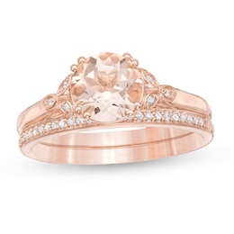 8.0mm Morganite and 1/10 CT. T.W. Diamond Leaf Sides Bridal Set in 10K Rose Gold