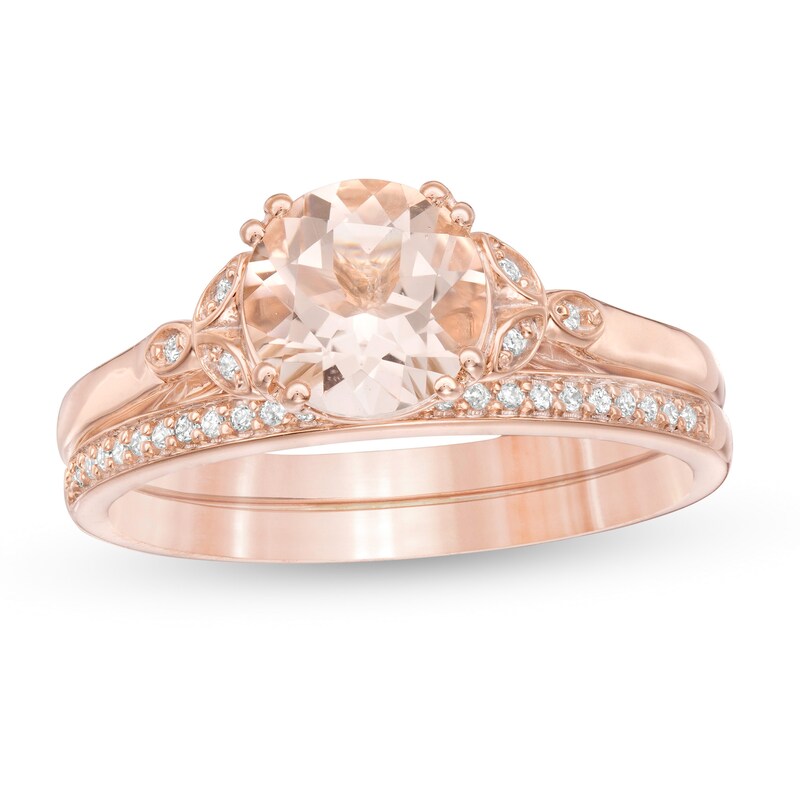 Main Image 1 of 8.0mm Morganite and 1/10 CT. T.W. Diamond Leaf Sides Bridal Set in 10K Rose Gold