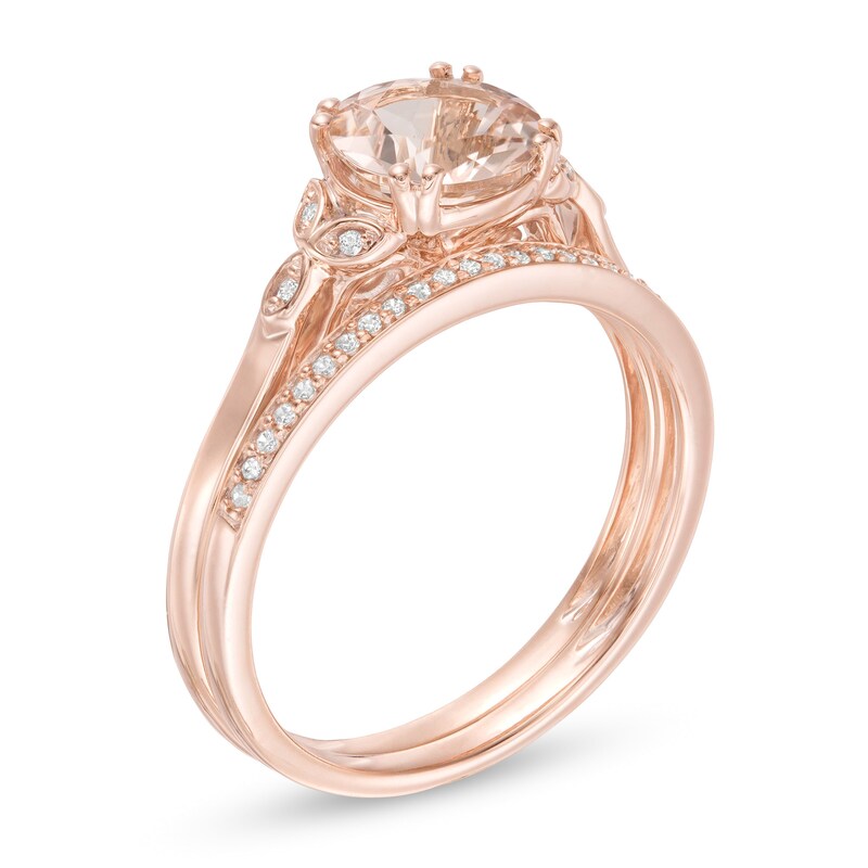 Main Image 3 of 8.0mm Morganite and 1/10 CT. T.W. Diamond Leaf Sides Bridal Set in 10K Rose Gold