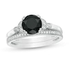 Thumbnail Image 1 of 8.0mm Black Sapphire and 1/10 CT. T.W. Diamond Leaf Sides Bridal Set in 10K White Gold
