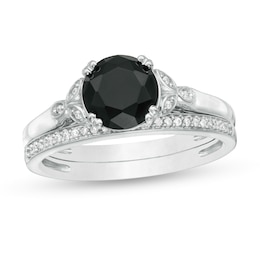 8.0mm Black Sapphire and 1/10 CT. T.W. Diamond Leaf Sides Bridal Set in 10K White Gold