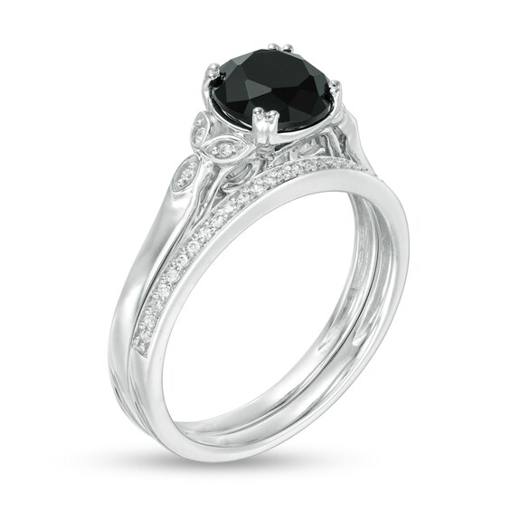 8.0mm Black Sapphire and 1/10 CT. T.w. Diamond Leaf Sides Bridal Set in 10K White Gold