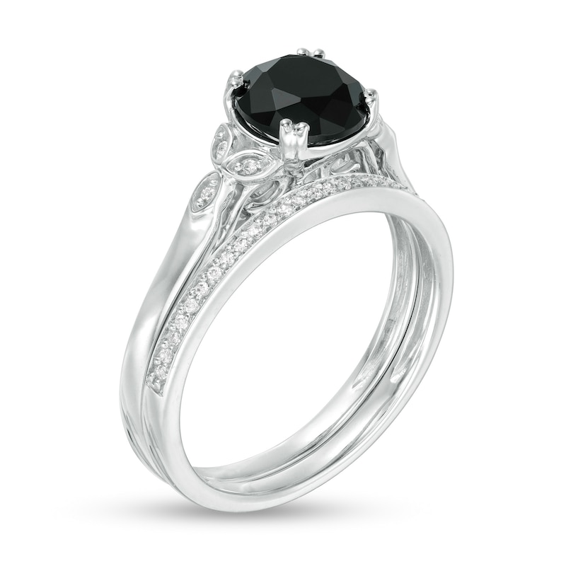 Main Image 3 of 8.0mm Black Sapphire and 1/10 CT. T.W. Diamond Leaf Sides Bridal Set in 10K White Gold