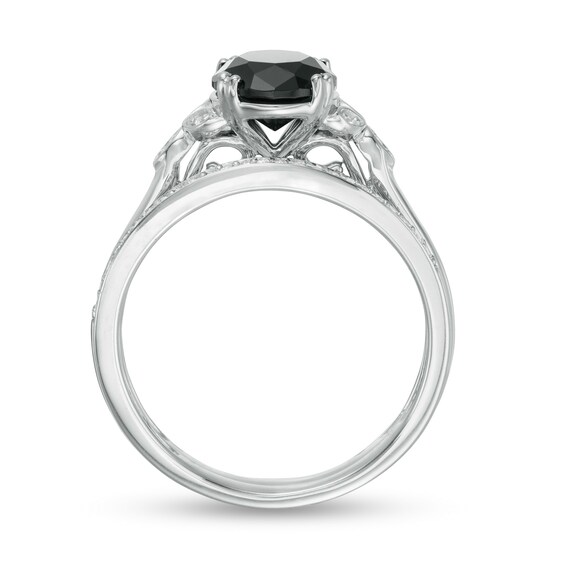 8.0mm Black Sapphire and 1/10 CT. T.w. Diamond Leaf Sides Bridal Set in 10K White Gold