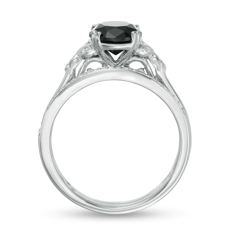 Main Image 4 of 8.0mm Black Sapphire and 1/10 CT. T.W. Diamond Leaf Sides Bridal Set in 10K White Gold