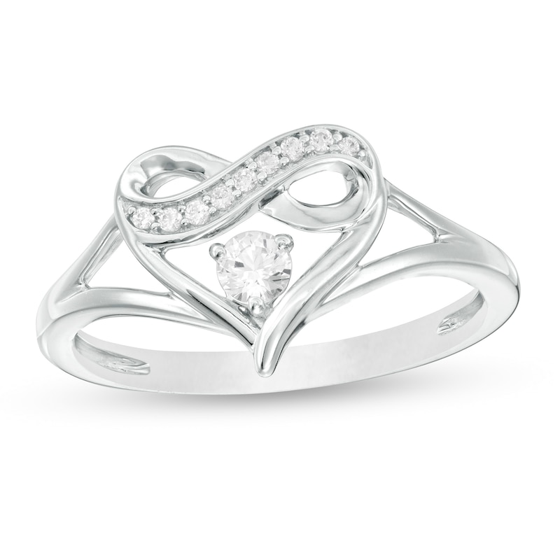 Main Image 1 of Lab-Created White Sapphire and 1/20 CT. T.W. Diamond Infinity Heart Split Shank Ring in Sterling Silver