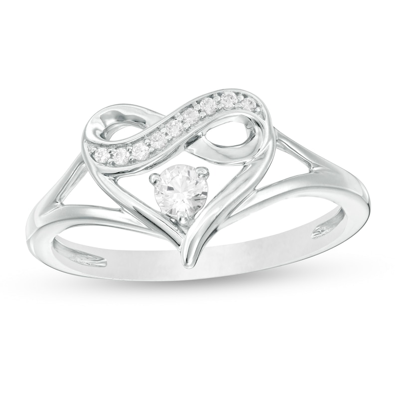 Lab-Created White Sapphire and 1/20 CT. T.W. Diamond Infinity Heart Split Shank Ring in Sterling Silver