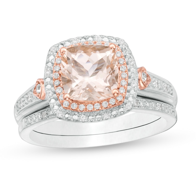 Main Image 1 of 7.0mm Cushion-Cut Morganite and 1/5 CT. T.W. Diamond Bridal Set in 10K Two-Tone Gold